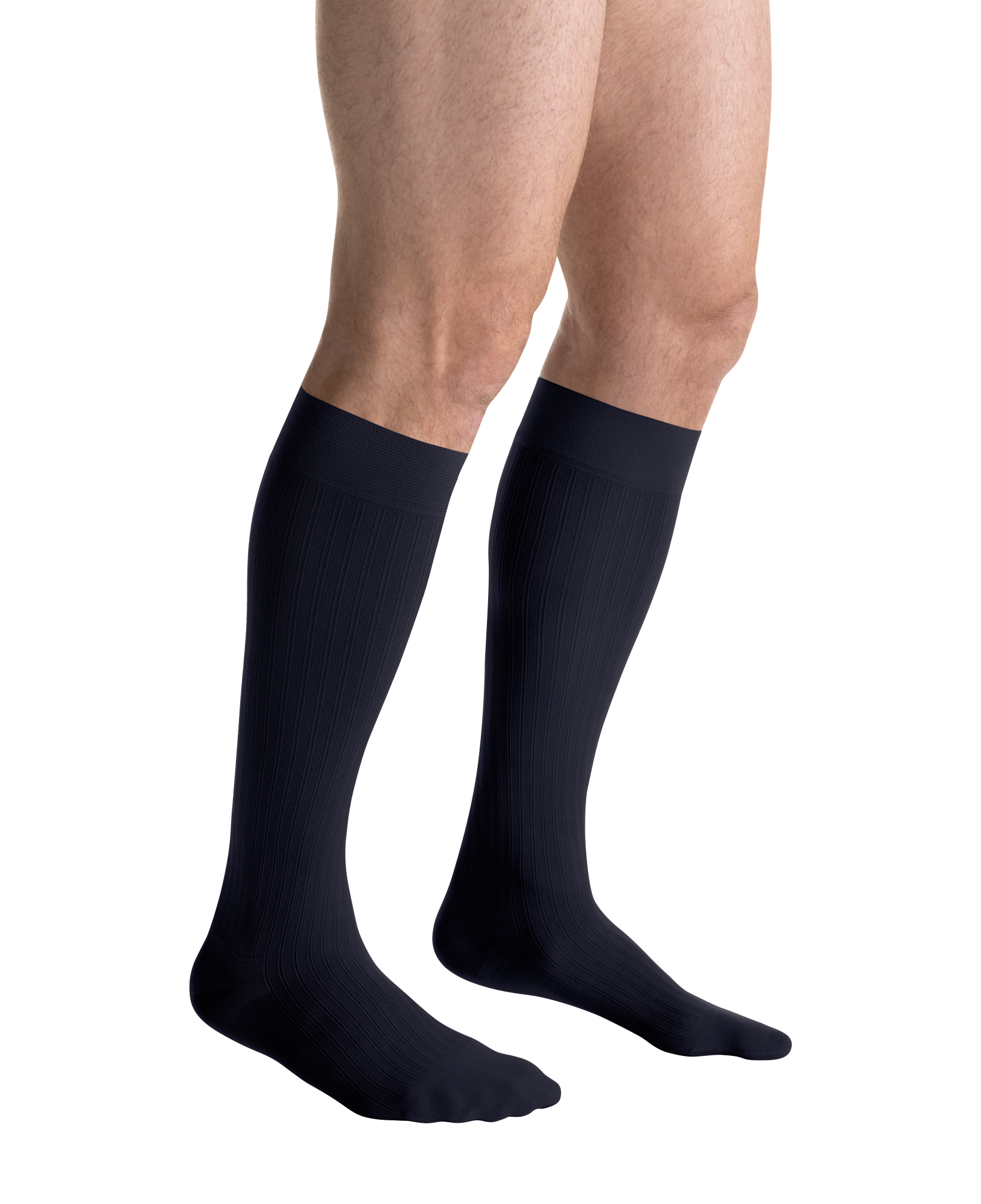 Close-up side view of a person wearing JOBST for men ambition Knee High Closed Toe navy