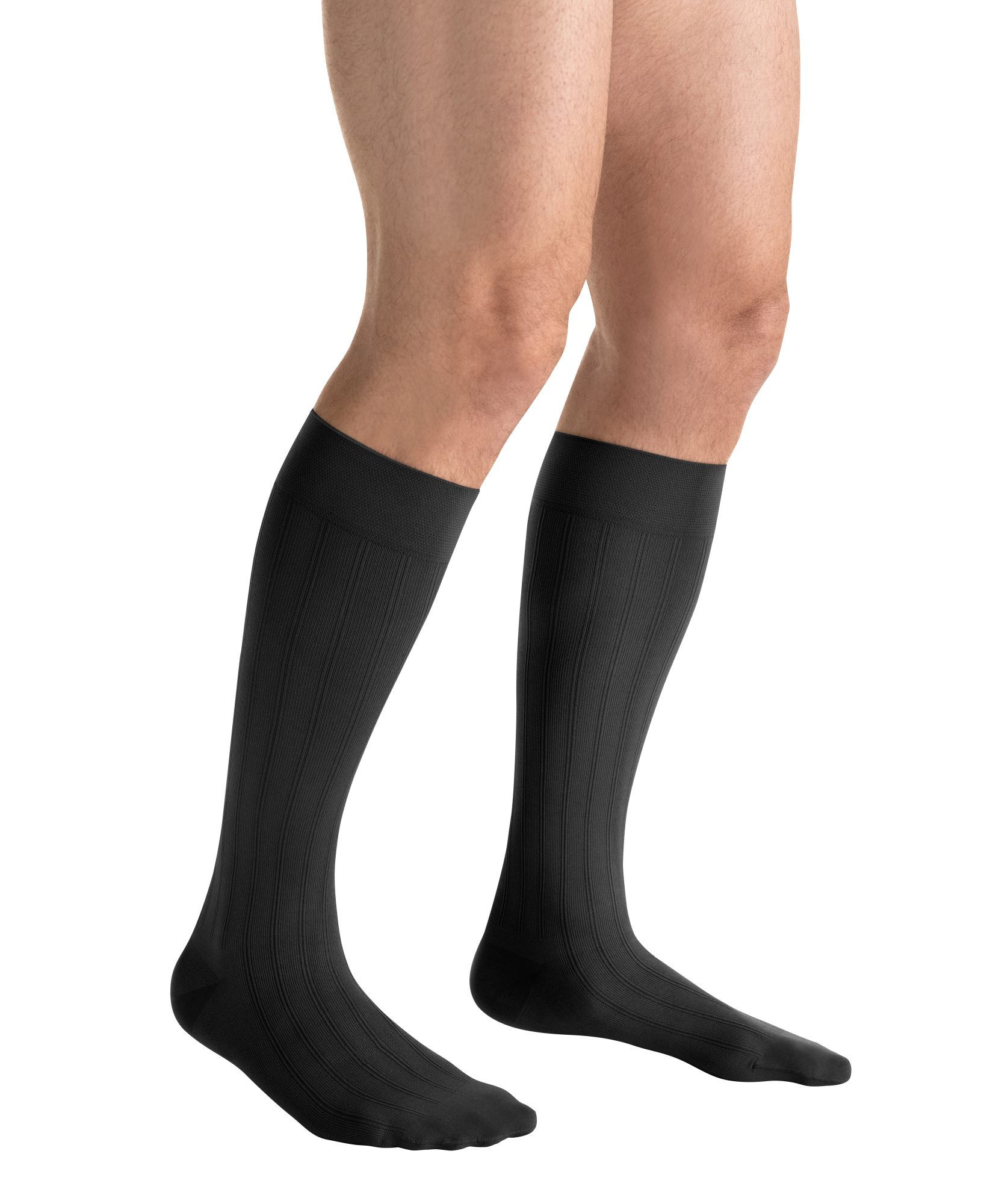 Close-up side view of a person wearing JOBST for men ambition Knee High Closed Toe Dark Grey