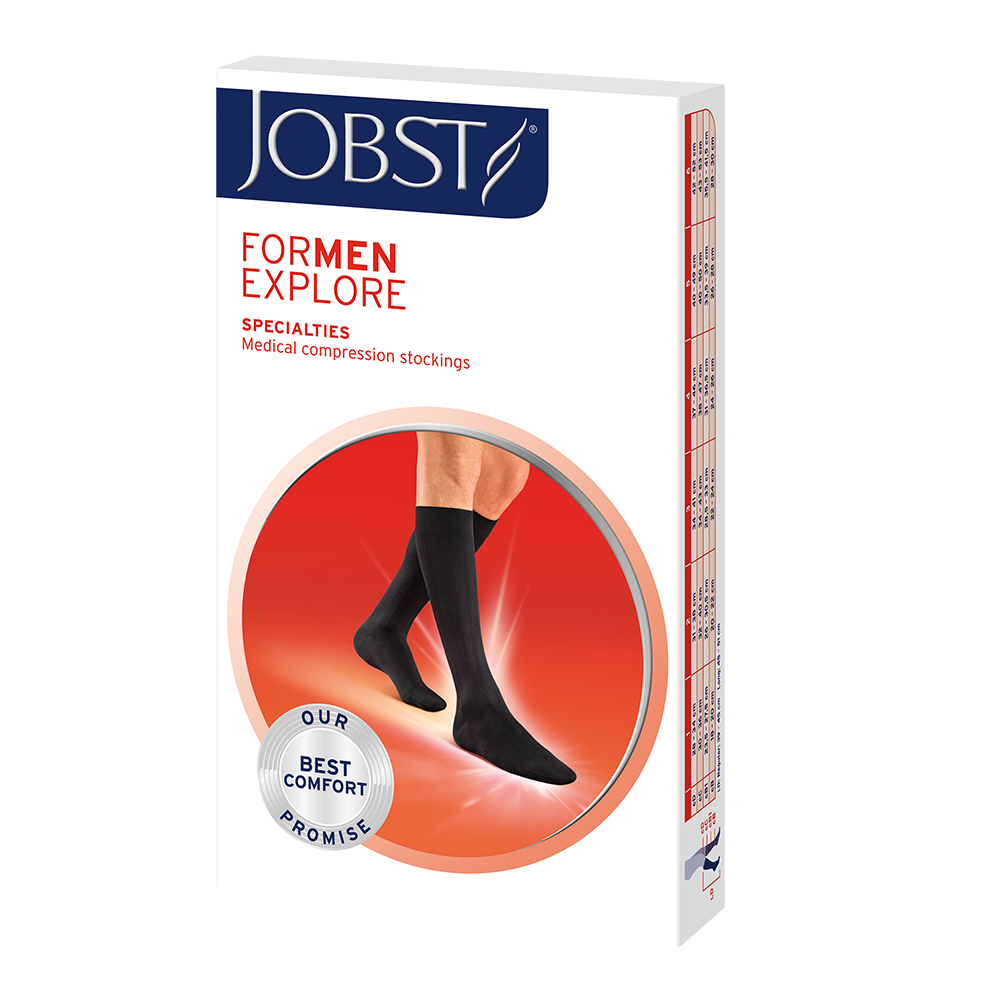 Side-angle packshot of JOBST For Men Explore compression socks in black.