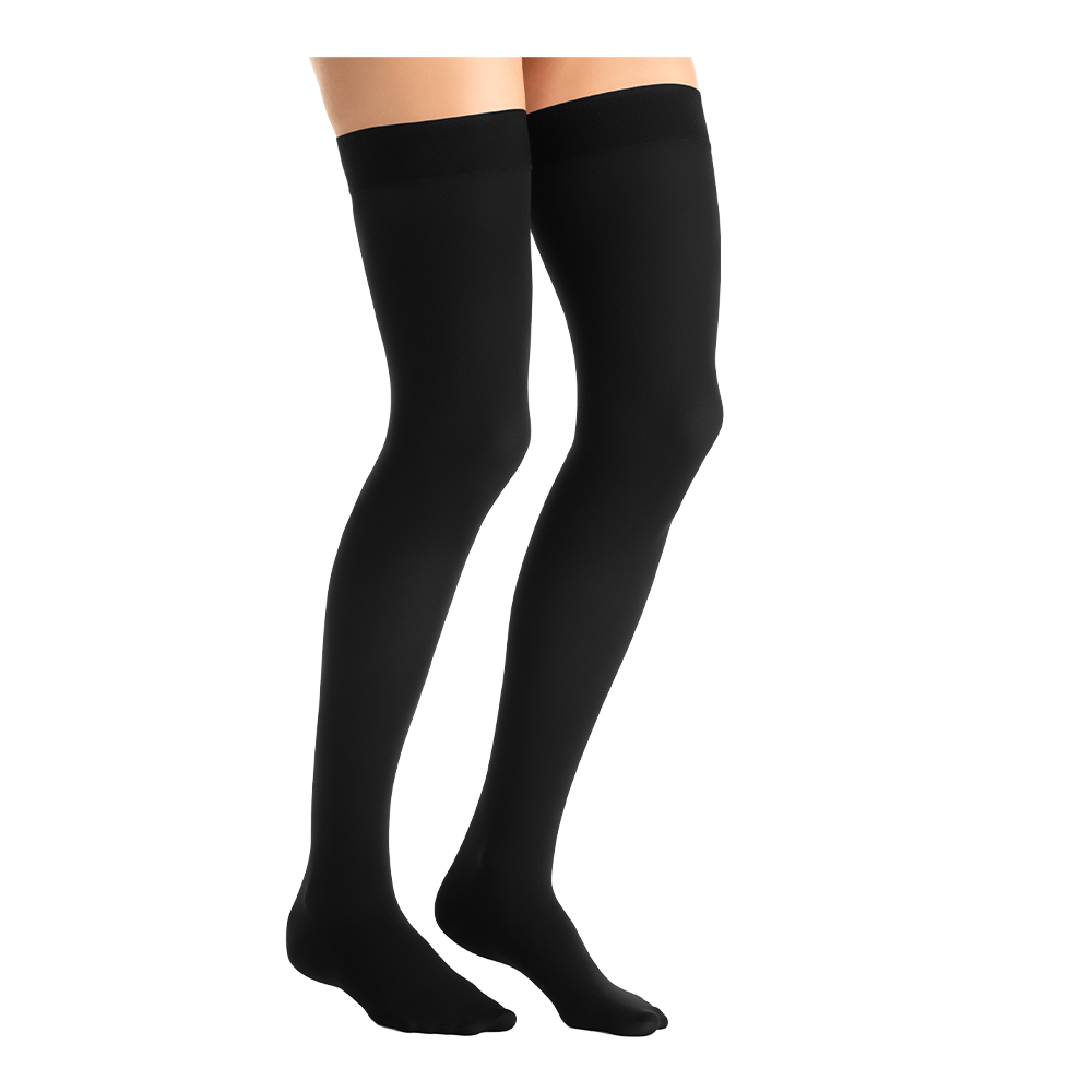 Close-up side view of a person wearing JOBST Opaque thigh-high compression stockings in black.