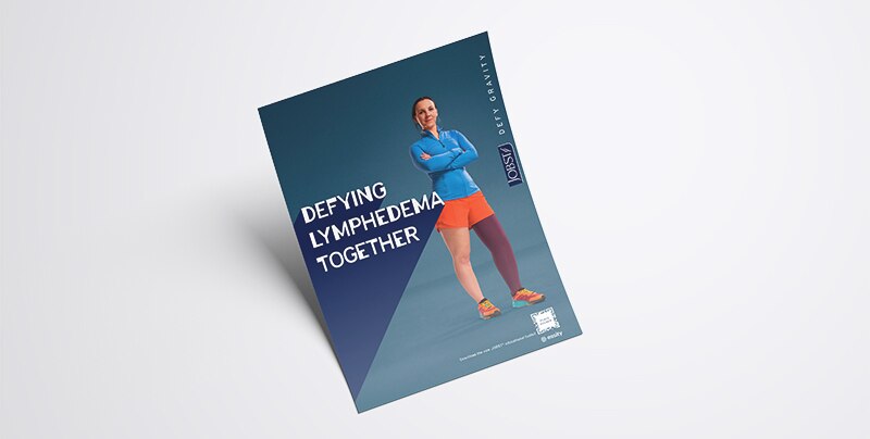 Flyer featuring Angharad with the text: Defying lymphedema together.