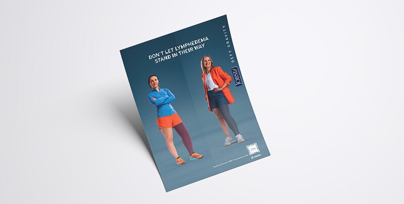 Flyer with JOBST ambassadors, Angharad and Julie, standing side by side. The text reads: Don’t let lymphedema stand in their way.